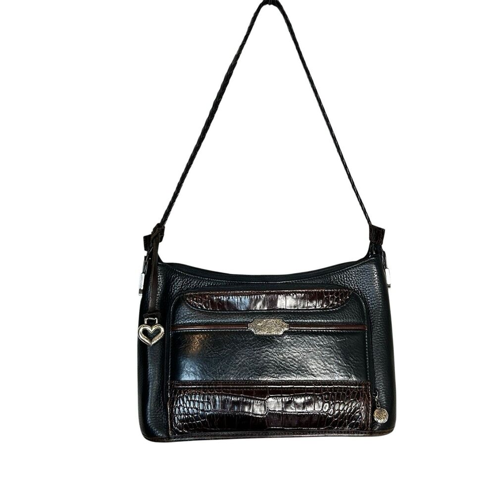Brighton Black Brown Leather Croc Shoulder Bag Organizer Purse Charm Zip Closure